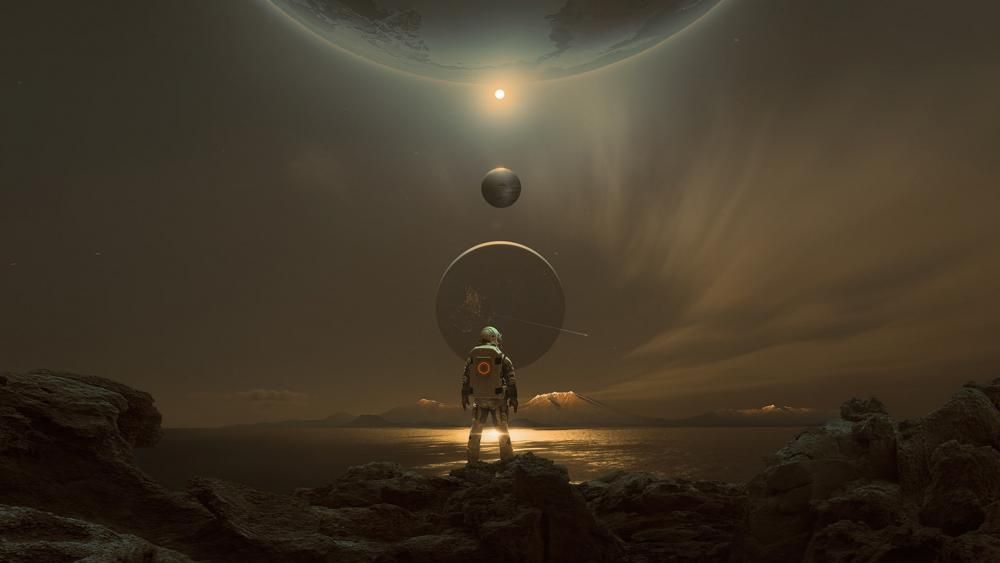 Astronaut Contemplates Distant Worlds wallpaper