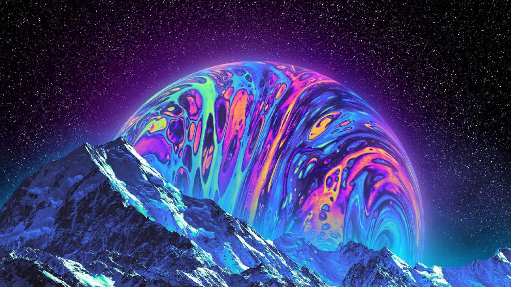 Psychedelic Orb Over Snowy Peaks wallpaper
