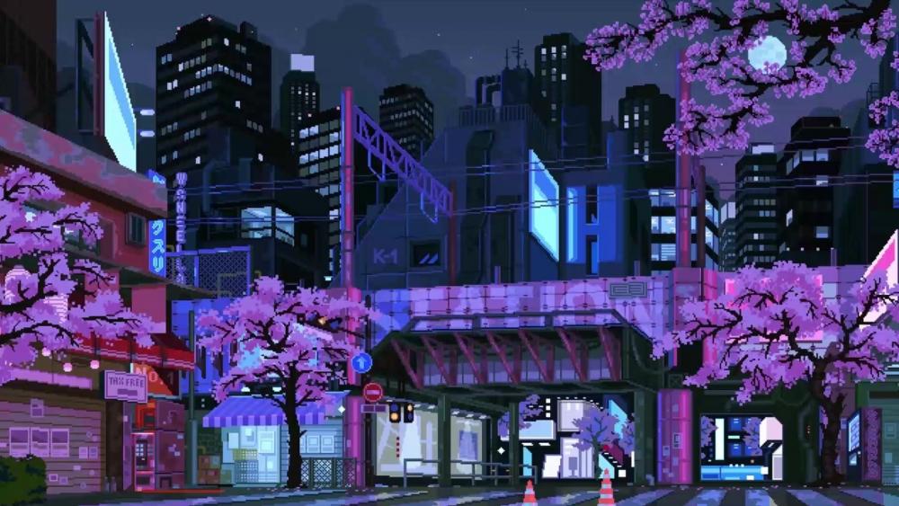 Cherry Blossoms in Pixelated City Nightscape wallpaper