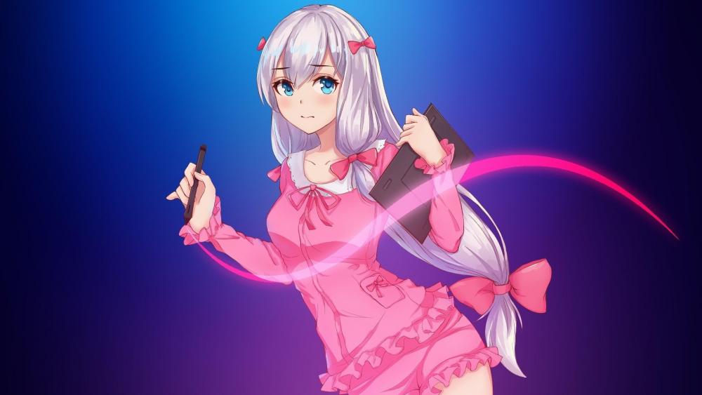 Elegant Anime Girl with White Hair in Pink wallpaper