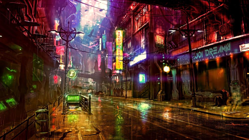Neon Dreams in a Rain-Soaked Cyber Metropolis wallpaper