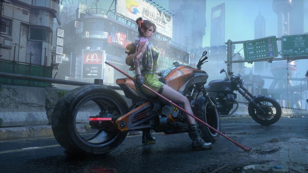 Cyberpunk Rider in a Futuristic Cityscape wallpaper