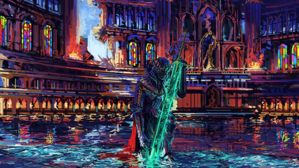 Knight's Reflection in Fantasy Cathedral wallpaper