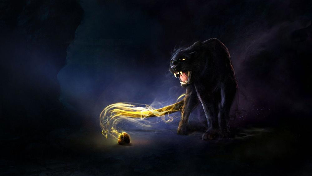 Mystical Black Cougar Emitting Fiery Magic wallpaper