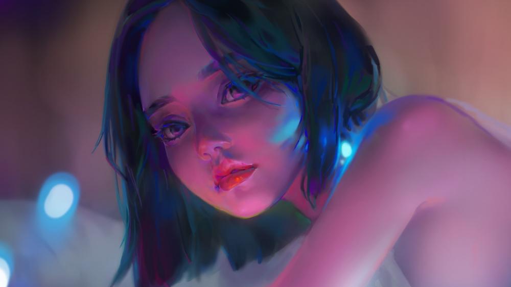 Ethereal Anime Girl in Neon Glow wallpaper