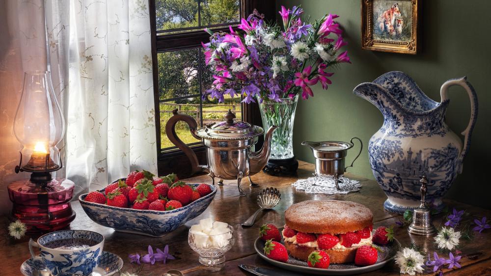 Strawberry cake & tea wallpaper