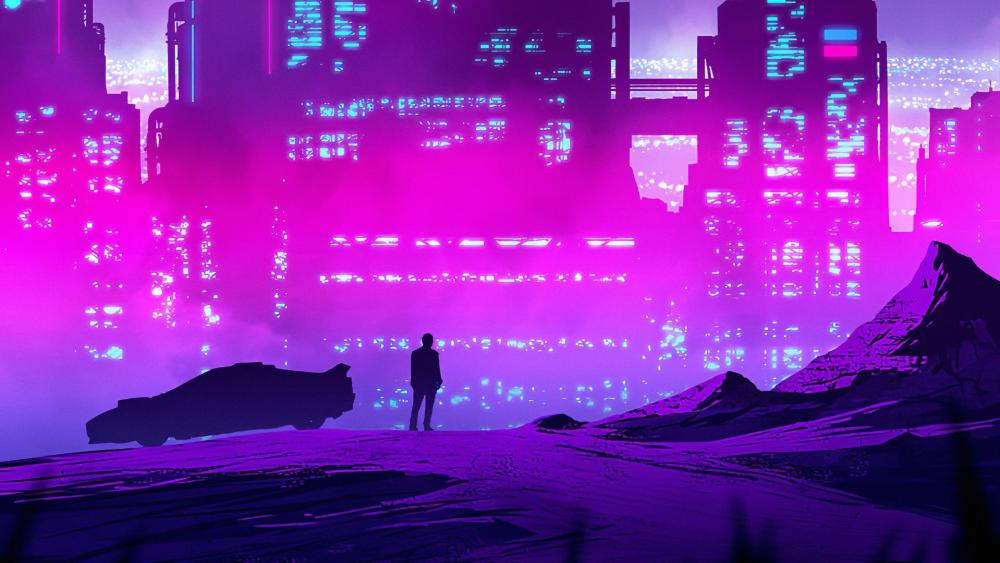 Synthwave Purple City wallpaper