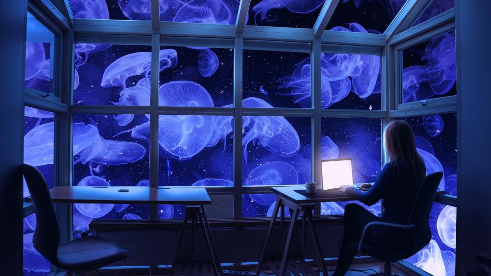Underwater Serenity in a Surreal Office wallpaper