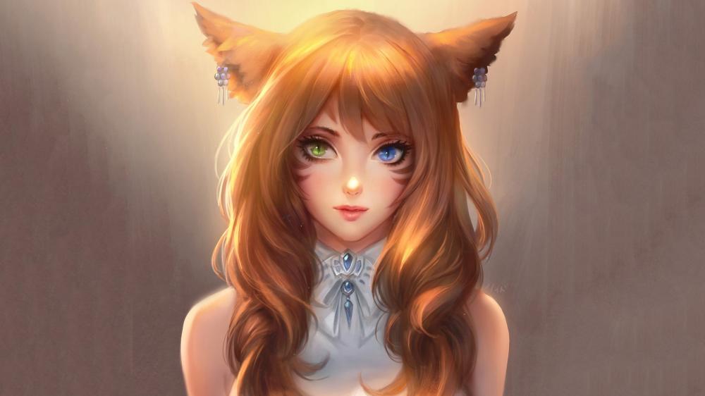 Anime fox girl with different eye colors wallpaper