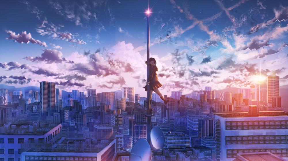 Mystical Dawn Over Anime Metropolis wallpaper