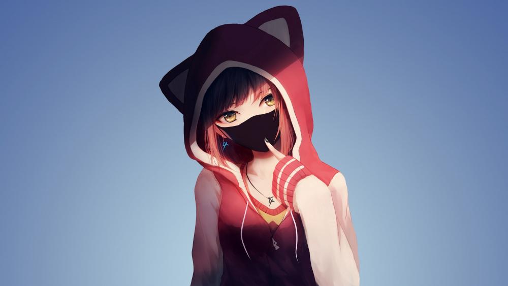 Mysterious Anime Girl in Masked Hoodie wallpaper