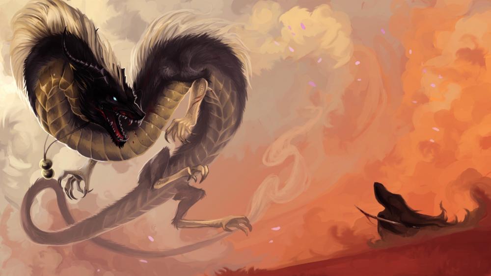 Majestic Dragon in a Fiery Sky wallpaper