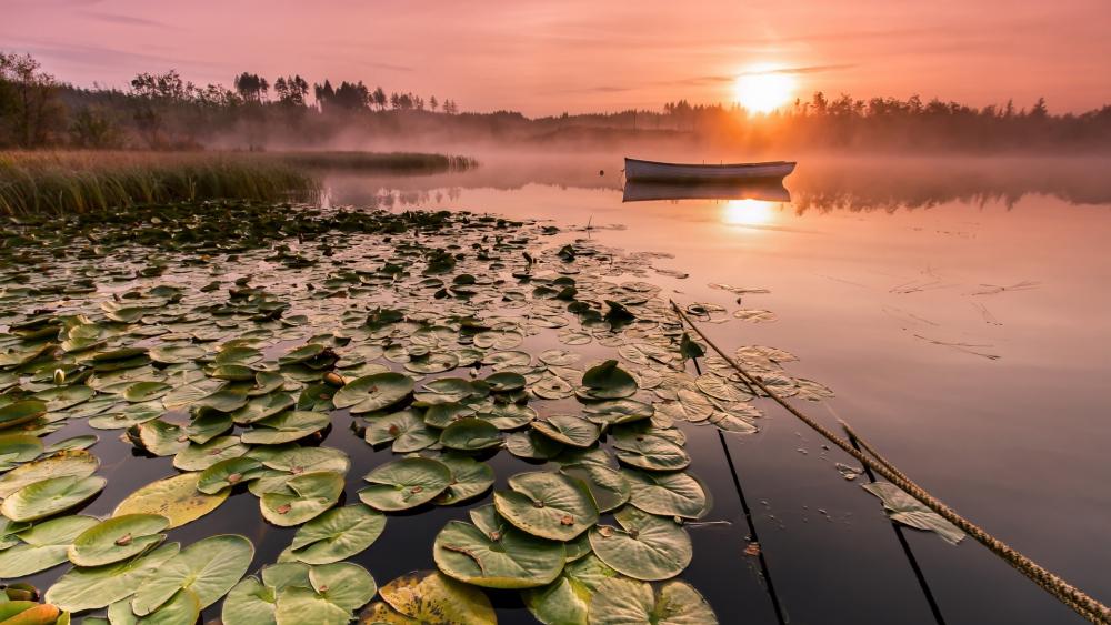 Serene Sunrise over Misty Lake and Lily Pads wallpaper