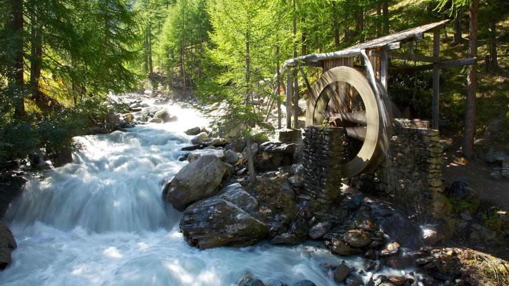 Serene Watermill by the Flowing Stream wallpaper