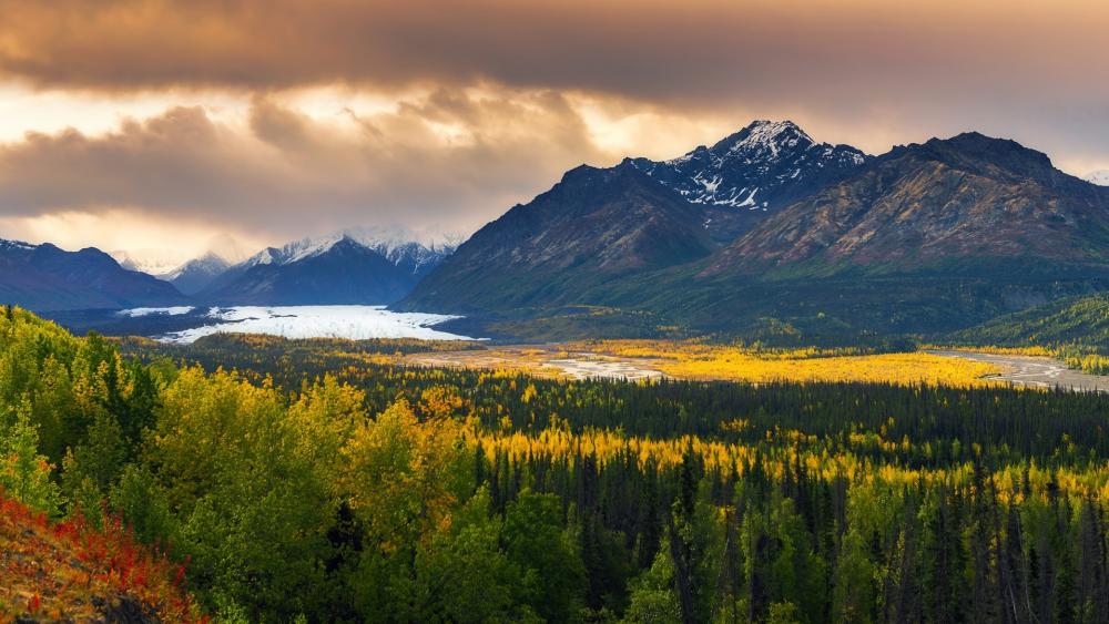 Majestic Mountain Landscape in Autumn Glow wallpaper