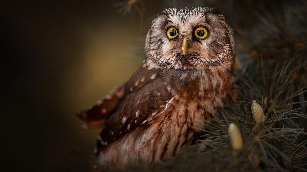 Majestic Owl Among Pine Needles wallpaper