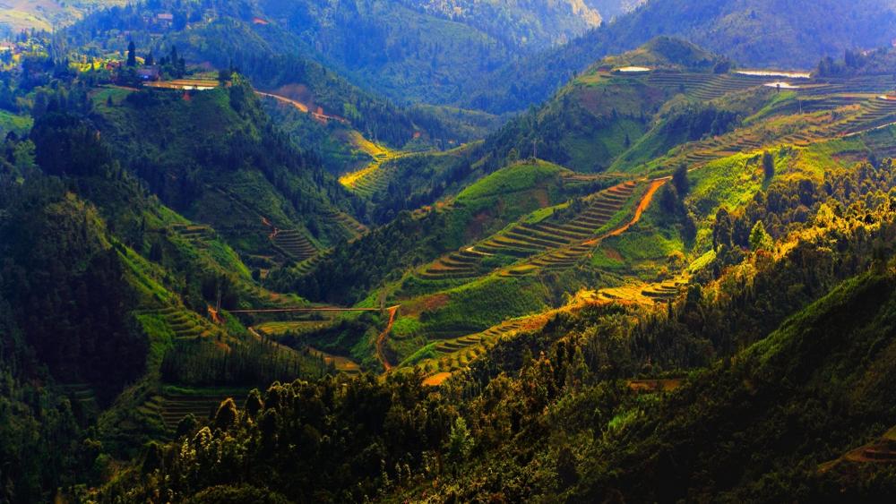 Serene Mountain Landscape with Terraced Fields wallpaper