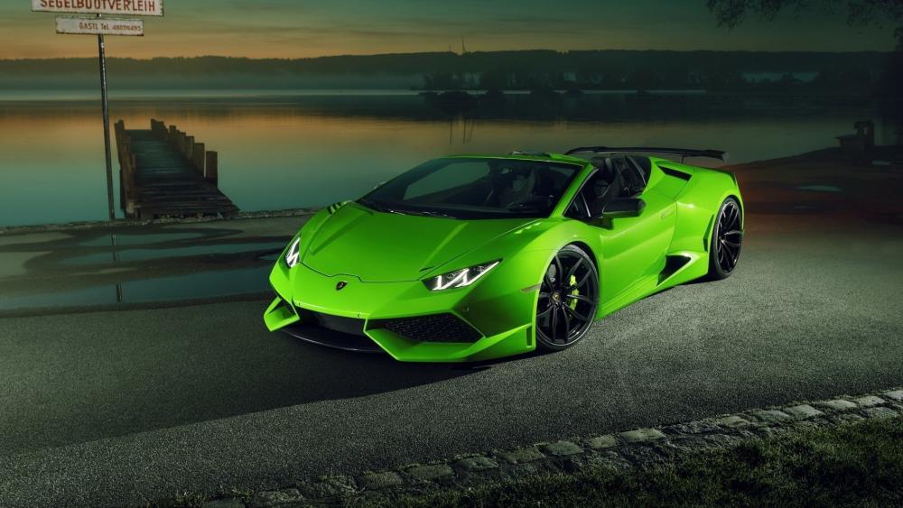 Vibrant Green Supercar by the Water wallpaper