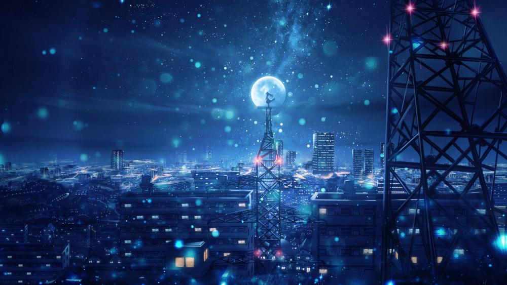 Moonlit Anime Metropolis wallpaper