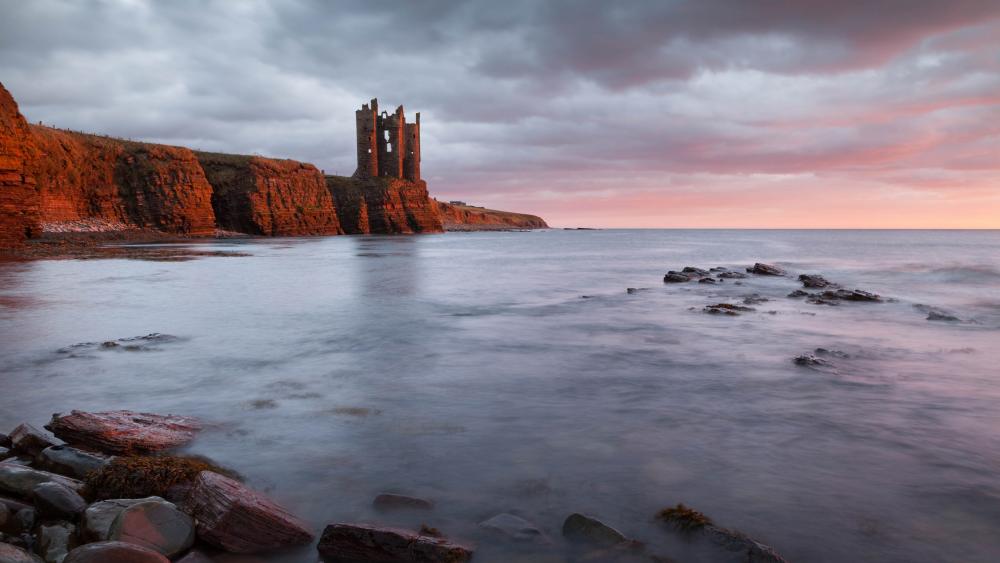 Majestic Ruins by the Sea at Dusk wallpaper