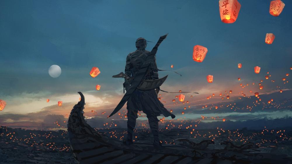 Samurai Watching Lanterns Ascend Into Twilight Sky wallpaper