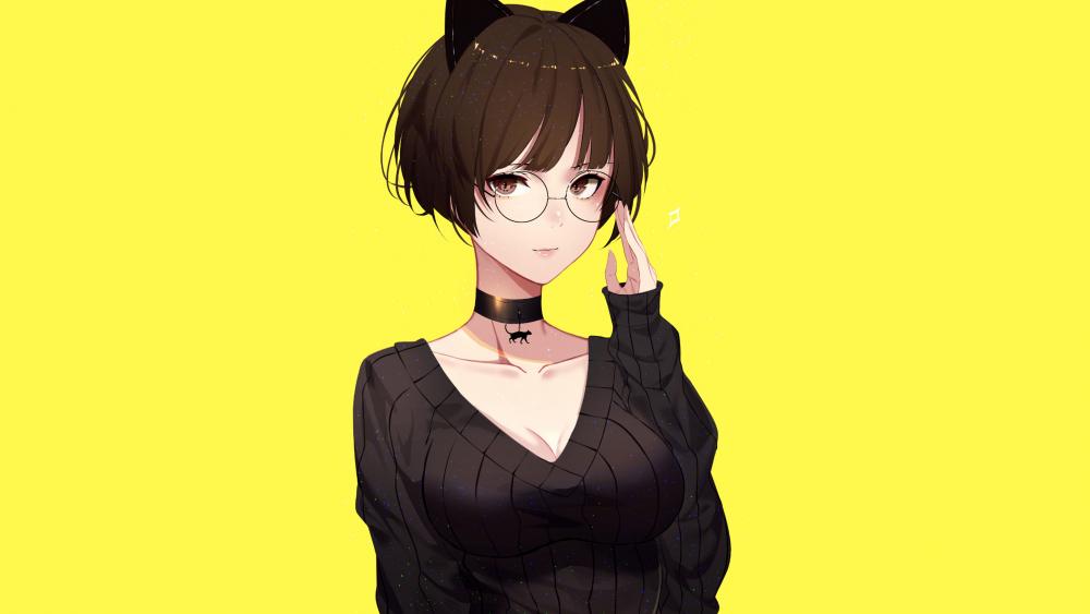 Chic Anime Girl with Cat Ears on Yellow wallpaper