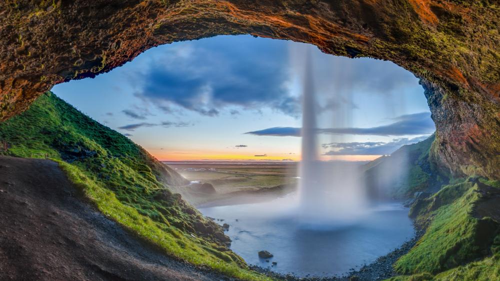 Sunset Viewed from the Back of Seljalandsfoss wallpaper