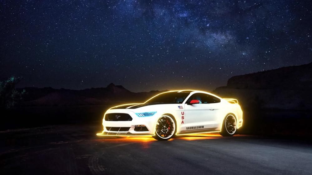 Illuminated Ford Mustang Under Starry Sky wallpaper