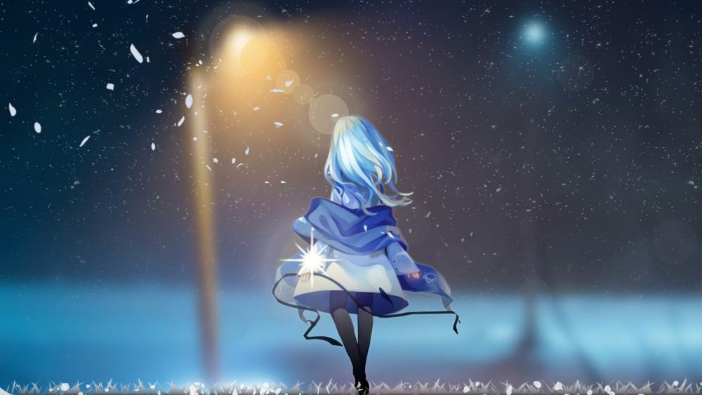 Serene Blue-Haired Anime Girl in Snowfall wallpaper