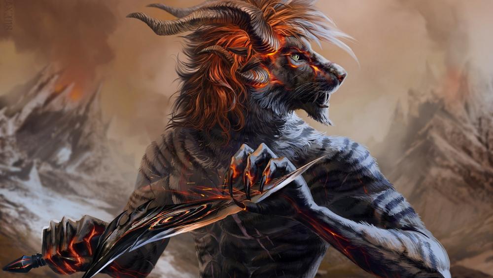 Fierce Demon Wolf Warrior in Mystical Lands wallpaper