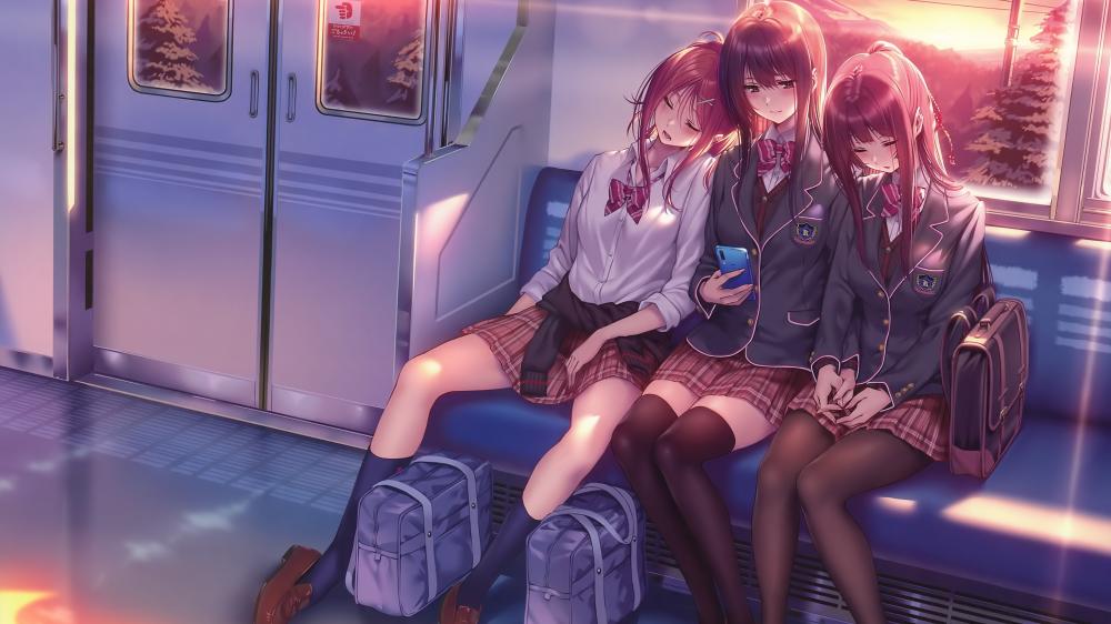Dreamy Train Ride Rest for Anime Schoolgirls wallpaper