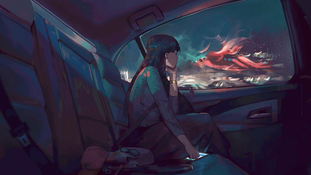 Anime girl in a car wallpaper