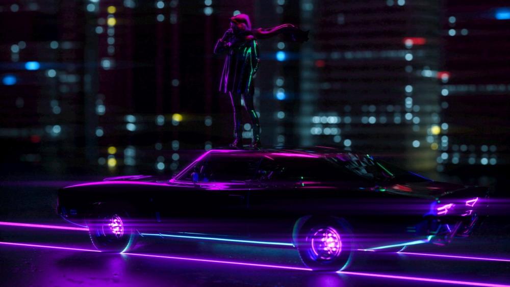 Neon Rider in Retro City Nightscape wallpaper
