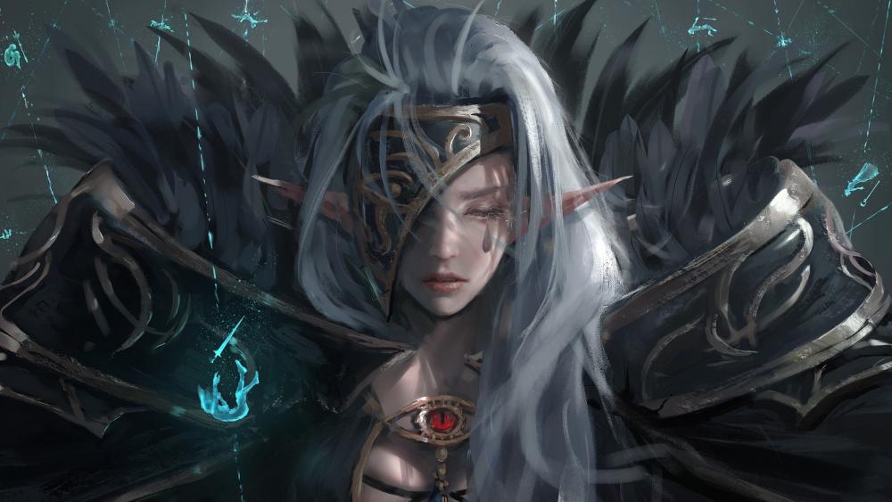 Mystical Elf Warrior in the Realm of Shadows wallpaper