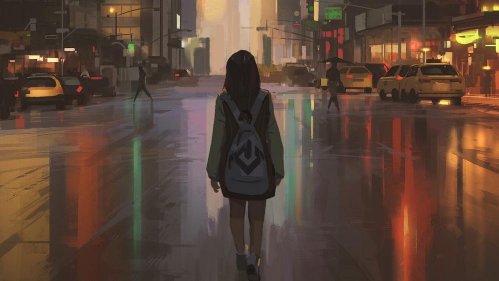 Anime Girl in Rainy Cityscape wallpaper