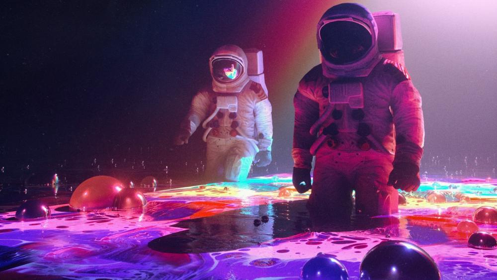 Astronauts on a Surreal Neon Odyssey wallpaper