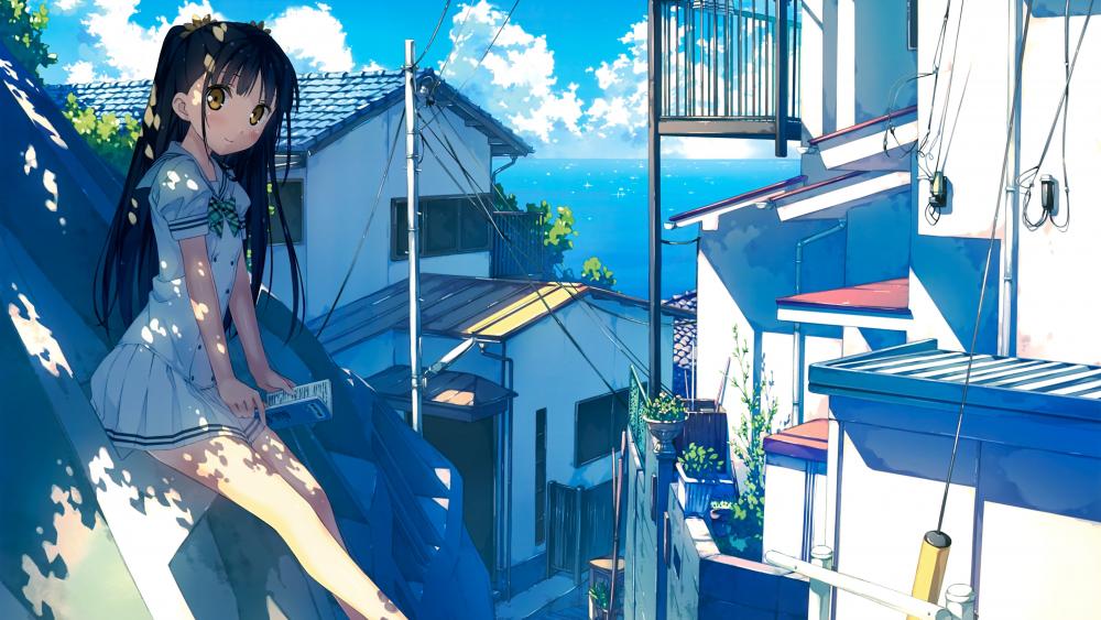 Anime Schoolgirl Overlooking Seaside Town wallpaper