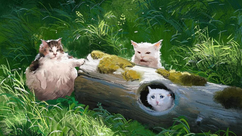 Chubby Cats in a Whimsical Forest Hideaway wallpaper