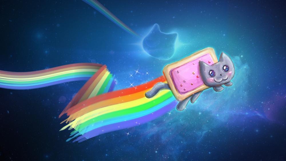 Nyan Cat Flies Through Cosmic Rainbow wallpaper