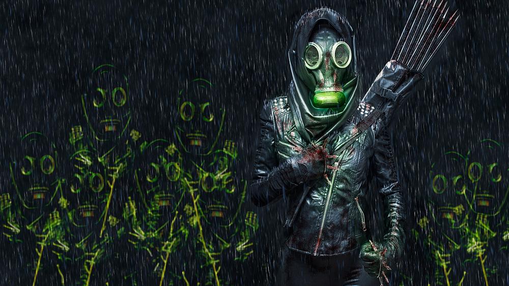Rainy Night with Mysterious Gas Mask Warrior wallpaper