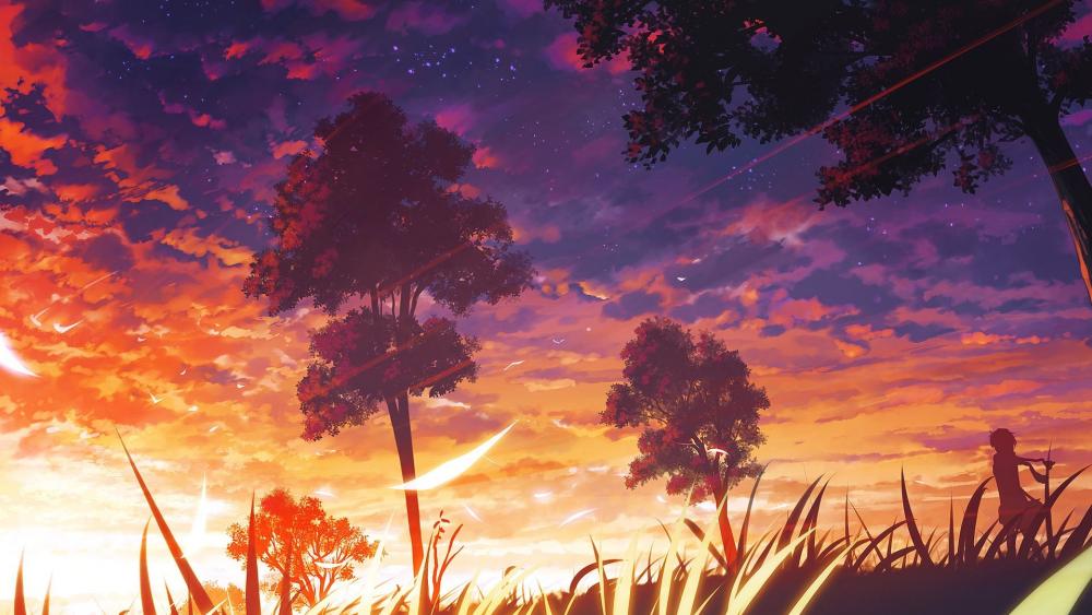 A Serene Anime Sunset Among Nature wallpaper