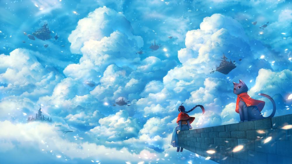 A Whimsical Sky Adventure with Feline Companion wallpaper