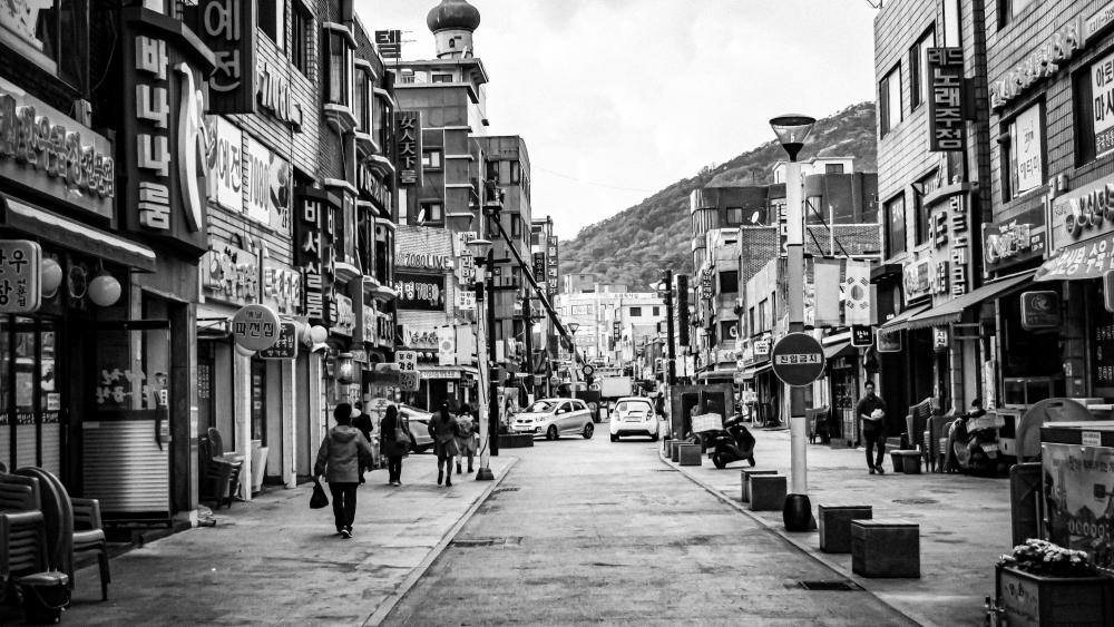 South Korean street black and white photo wallpaper