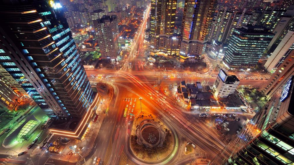 Seoul intersection time-lapse photography wallpaper