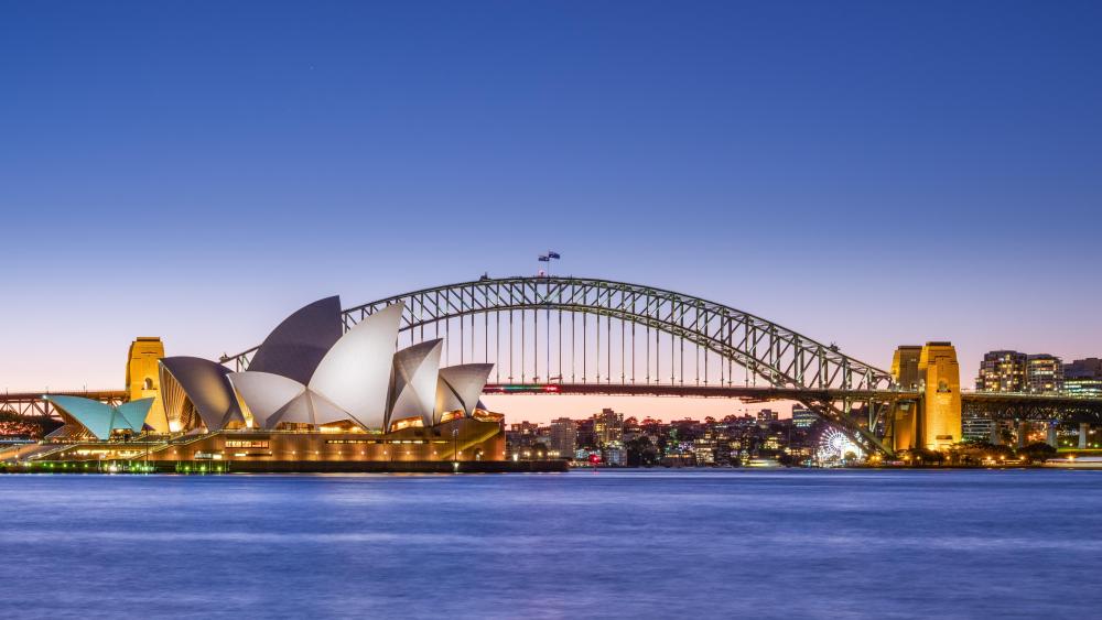 Sydney Opera House and Sydney Harbour Bridge at Dusk wallpaper