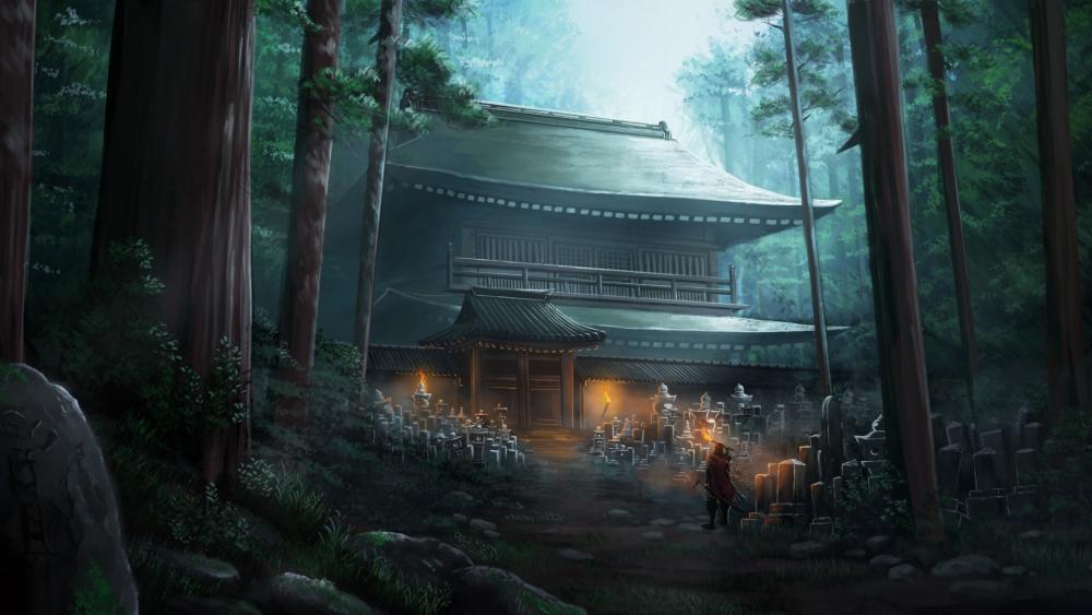 Mystical Samurai at Ancient Shrine wallpaper