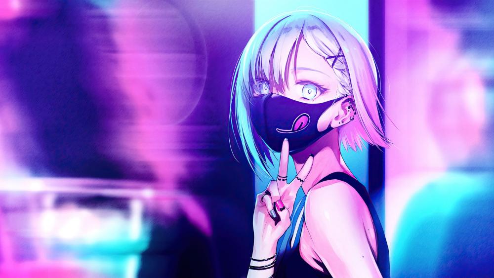 Mysterious Neon Night with Masked Anime Girl wallpaper