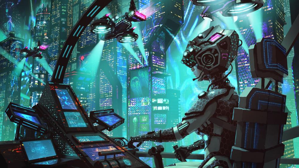 Cybernetic Sentinel Overseeing Future Metropolis wallpaper