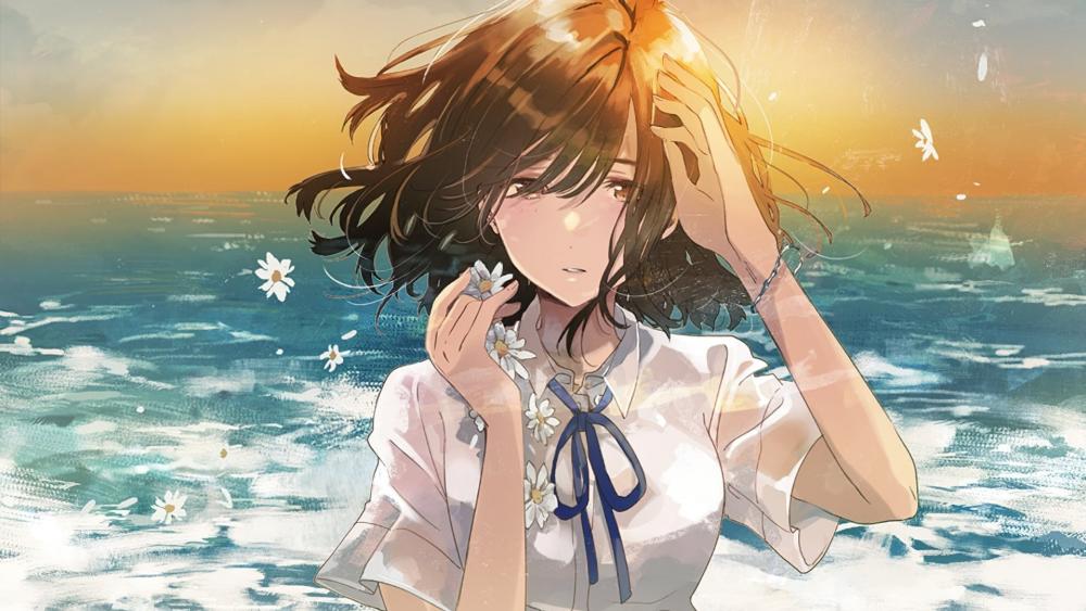 Contemplative Anime Girl by the Sea wallpaper