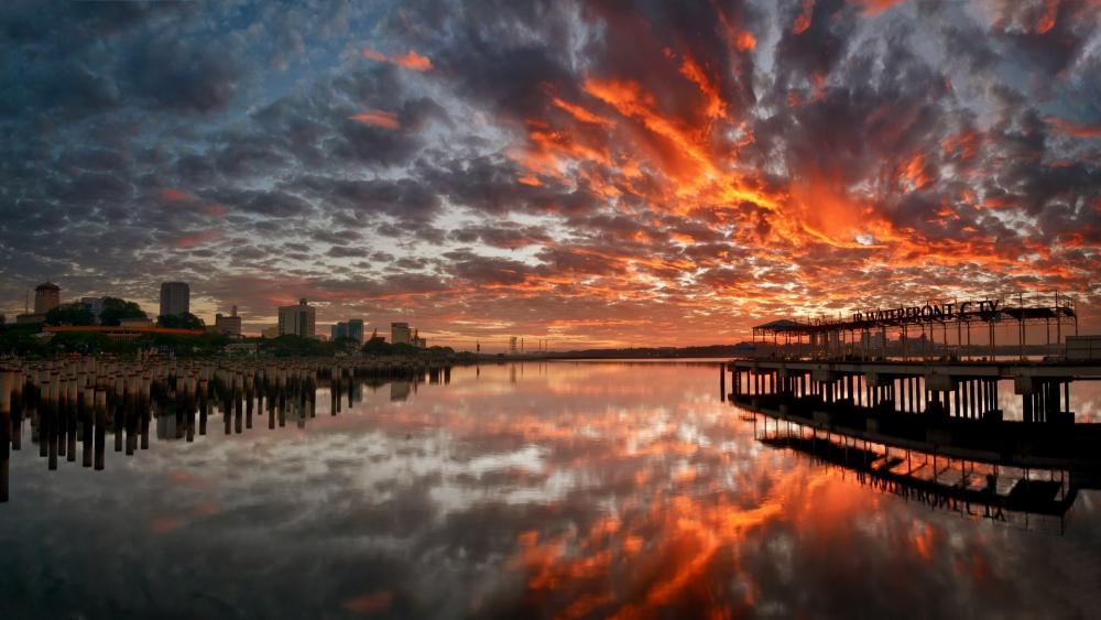 Fiery Sky and Serene Waters wallpaper